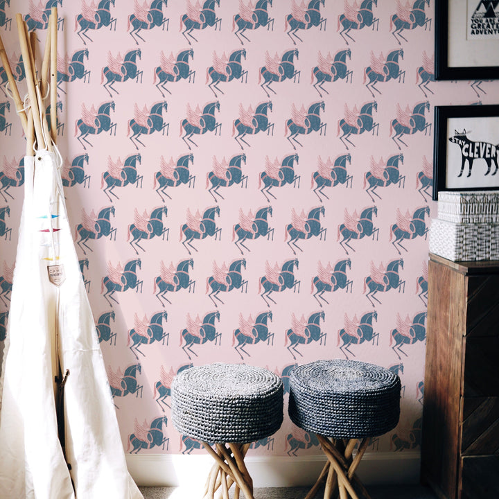 Annika-Reed-Studio-Pegasus-Dusk-Pink-wallpaper-ARP02-flying-horse-artisan-printed-pattern