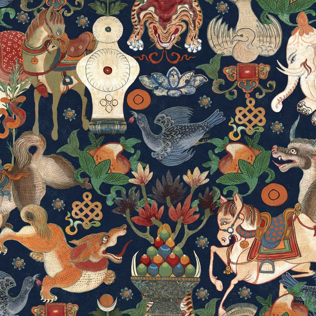 mind-the-gap-woodstock-collection-animal-wallpaper-tiger-horse-elephants-birds-multi-coloured-bohemian-wallpaper-incantation-boho-room-set