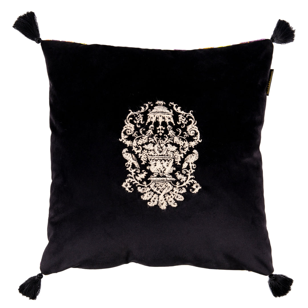 mind the gap embroidered cushion manor crest la voliere reverse side double sided cushion black and green and blue with tassels