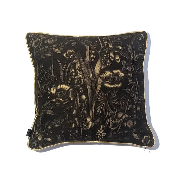 Hex-and-Henbane-Alnwick-floral-black-base-linen-cotton-union-gold-piping-cushion-British-Luxury-Brand-darker-Edge-decor