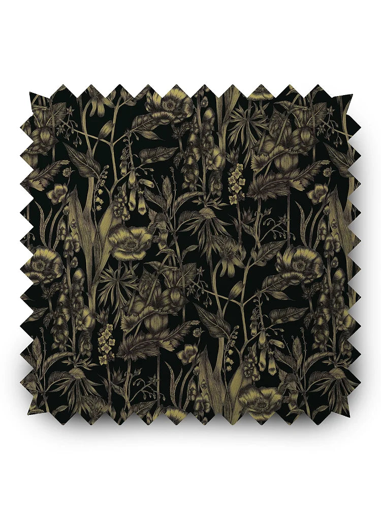 Hex-and-henbane-black-floral-linen-union-textile-forest-gold-flowers-60%- Linen- 40%- Cotton-Union-textile-artisan-british-hand-illustrated