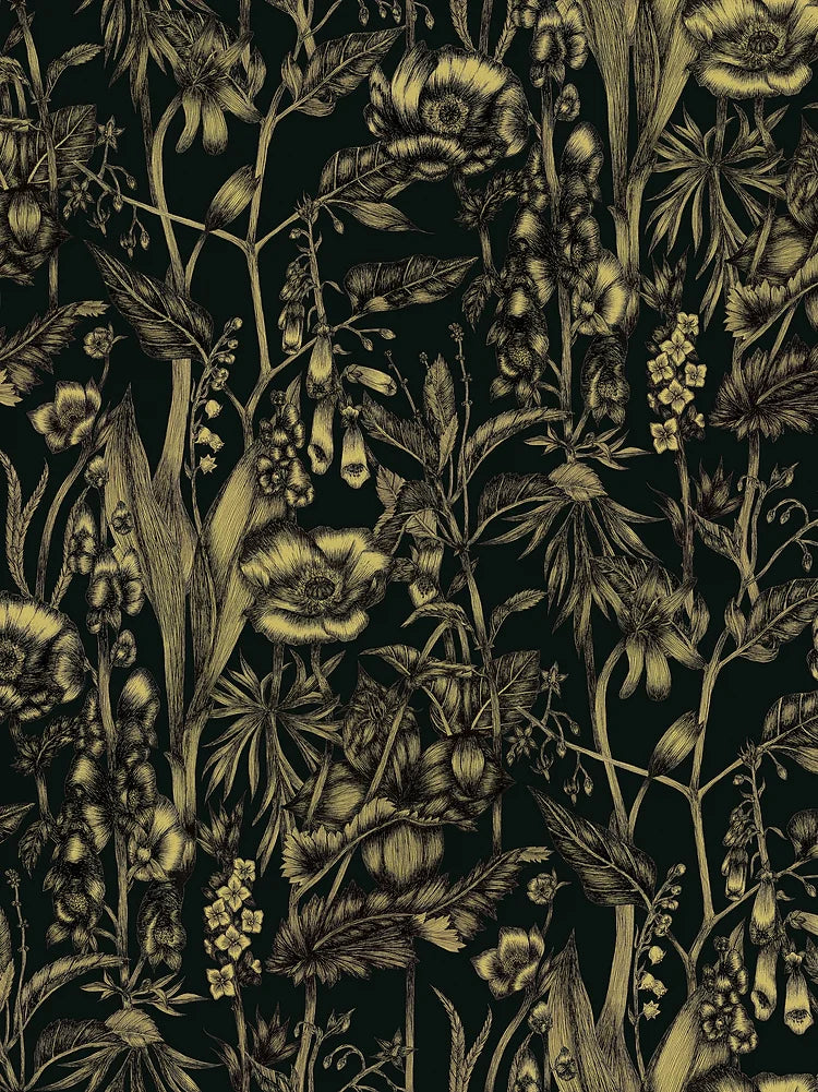 Hex-and-henbane-black-floral-linen-union-textile-forest-gold-flowers-60%- Linen- 40%- Cotton-Union-textile-artisan-British-hand-illustrated