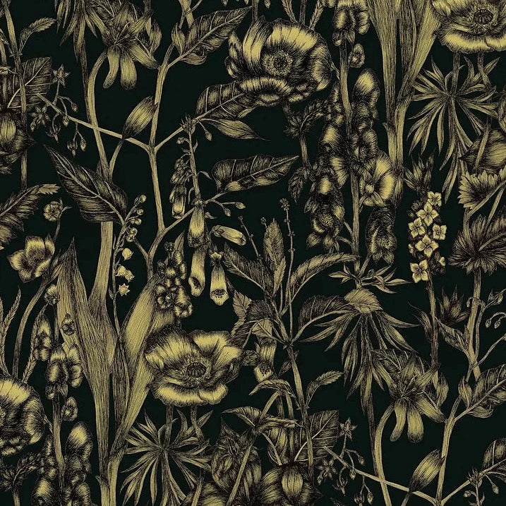  Hex-and-henbane-black-floral-linen-union-textile-forest-gold-flowers-60%- Linen- 40%- Cotton-Union-textile-artisan-british-hand-illustrated