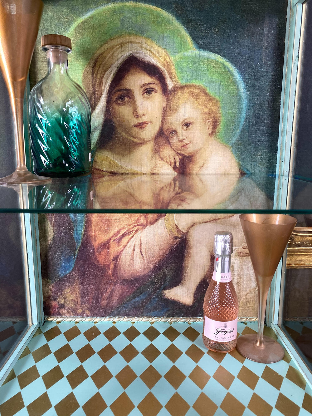 lady-griddlebone-scottish-cabinet-maker-vintage-restored-glass-drinks-cabinet-madonna-and-child-decoupage-blue-gold-finish-check-floor-small-compact