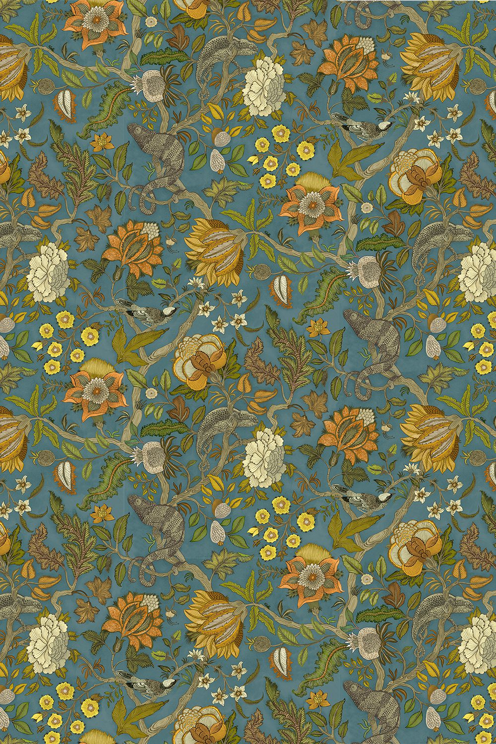Josephine-munsey-wallpapers-interiors-chameleon-trail-floral-green-teal-orange-wallpaper