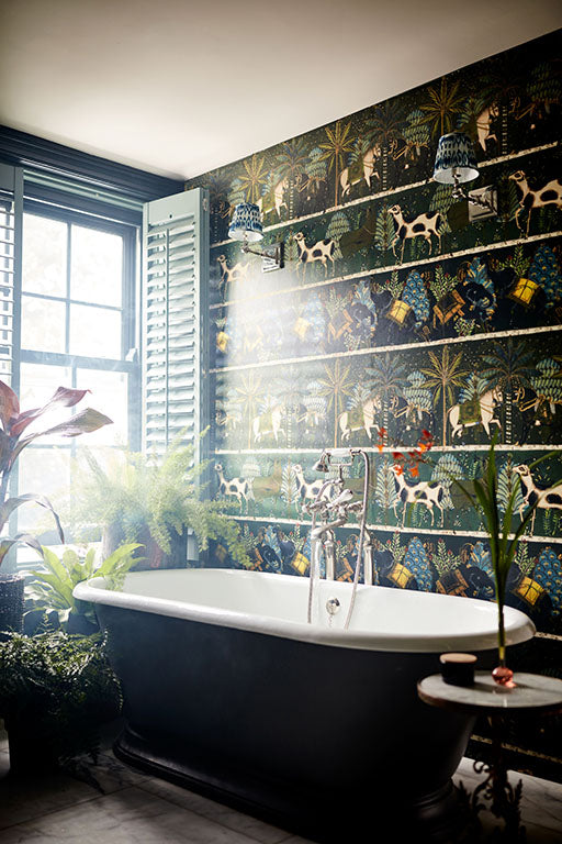 mind-the-gap-woodstock-collection-wallpaper-carnaval-animal-trees-bohemian-boho-inspired-wallcoverings-green-blue-bathroom-room-set-boho-interiors