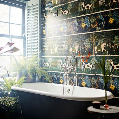 mind-the-gap-woodstock-collection-wallpaper-carnaval-animal-trees-bohemian-boho-inspired-wallcoverings-green-blue-bathroom-room-set-boho-interiors