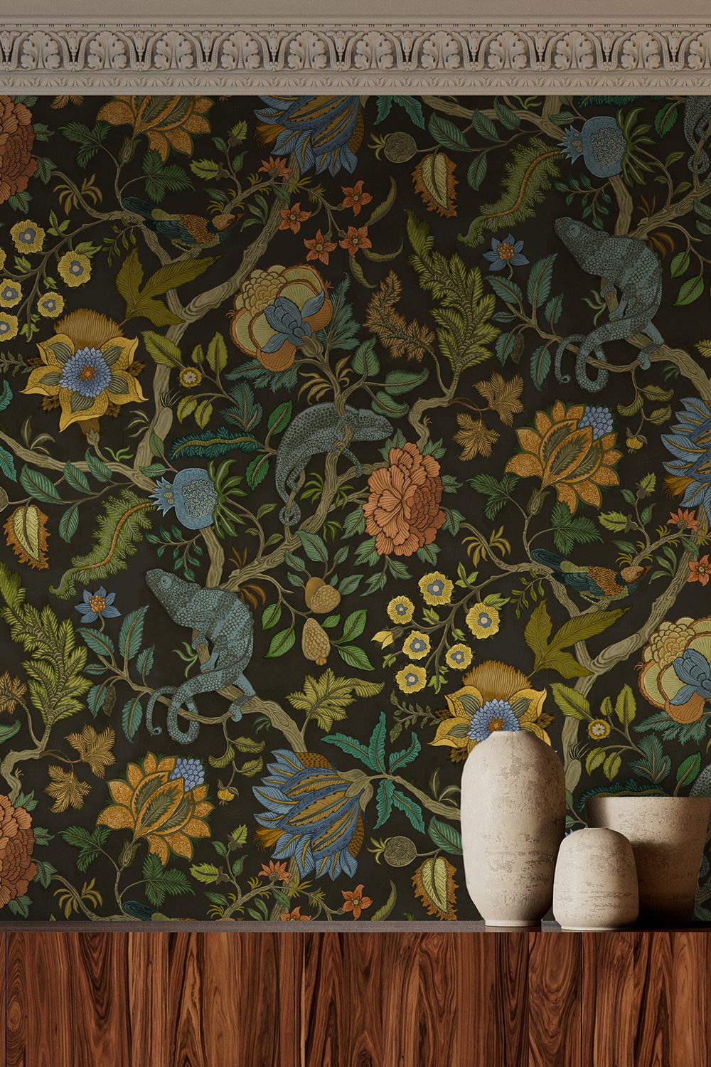 Josephine-munsey-wallpapers-interiors-chameleon-trail-floral-green-blue-black-orange-wallpaper