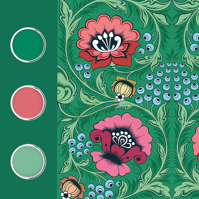 Olenka-Alice-green-wallpaper-russian-folk-style-traditional-pattern-play-floral-digital-block-print-style-bright-apple-green-red-pink-blue-Khokhloma