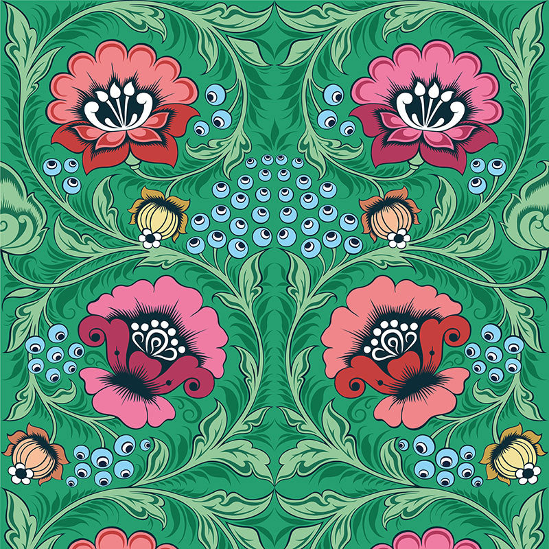 Olenka-Alice-green-wallpaper-russian-folk-style-traditional-pattern-play-floral-digital-block-print-style-bright-apple-green-red-pink-blue-Khokhloma