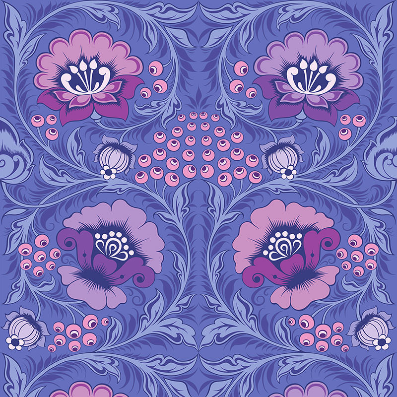 Olenka-Alice-periwinkle-wallpaper-russian-folk-style-traditional-pattern-play-floral-digital-block-print-style-meadow-pearly-purple-pink-blue-Khokhloma-style