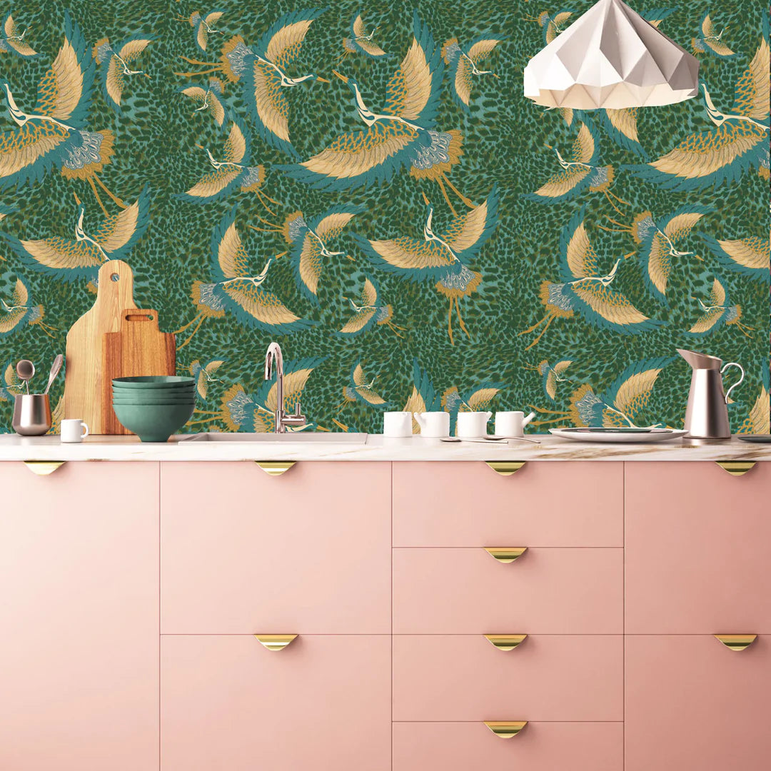 Tatie-Lou-wallpaper-pachmama-apple-heron-cranes-flying-birds-kimono-biba-feathure-walppaper-apple-green-gold-birds