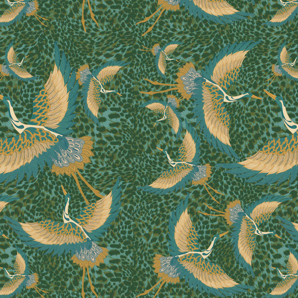 Tatie-Lou-wallpaper-pachmama-apple-heron-cranes-flying-birds-kimono-biba-feathure-walppaper-apple-green-gold-birds