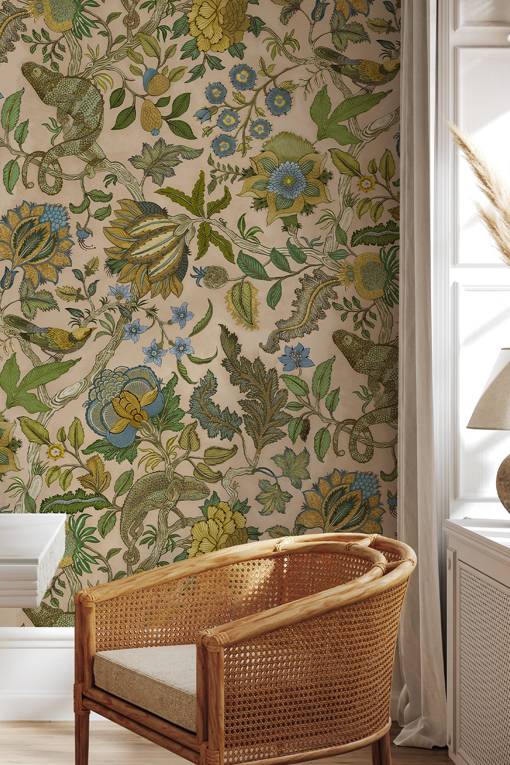 Josephine-munsey-wallpapers-interiors-chameleon-trail-floral-green-plaster-pink-light-blue-wallpaper-dining-room
