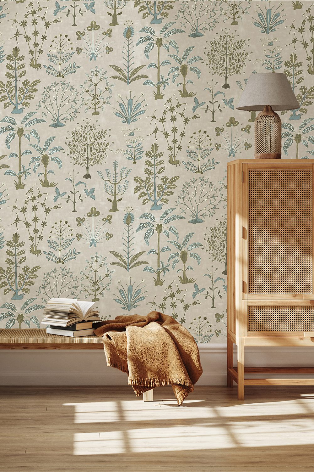 Josephine-munsey-wallpaper-cynthia-tree-soft-design-stone-olive-light-blue-nature-inspired-design-hallway-rattan