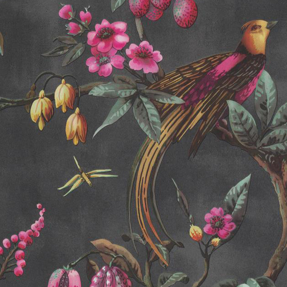 Charcoal Bird and Floral Botanical Wallpaper 