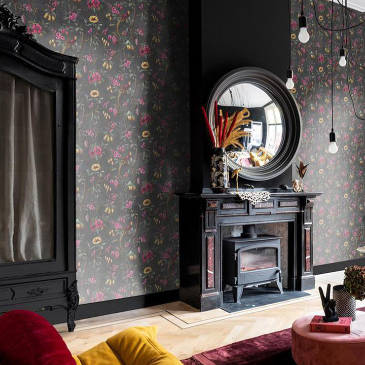 Charcoal Bird and Floral Botanical Wallpaper Living Room 