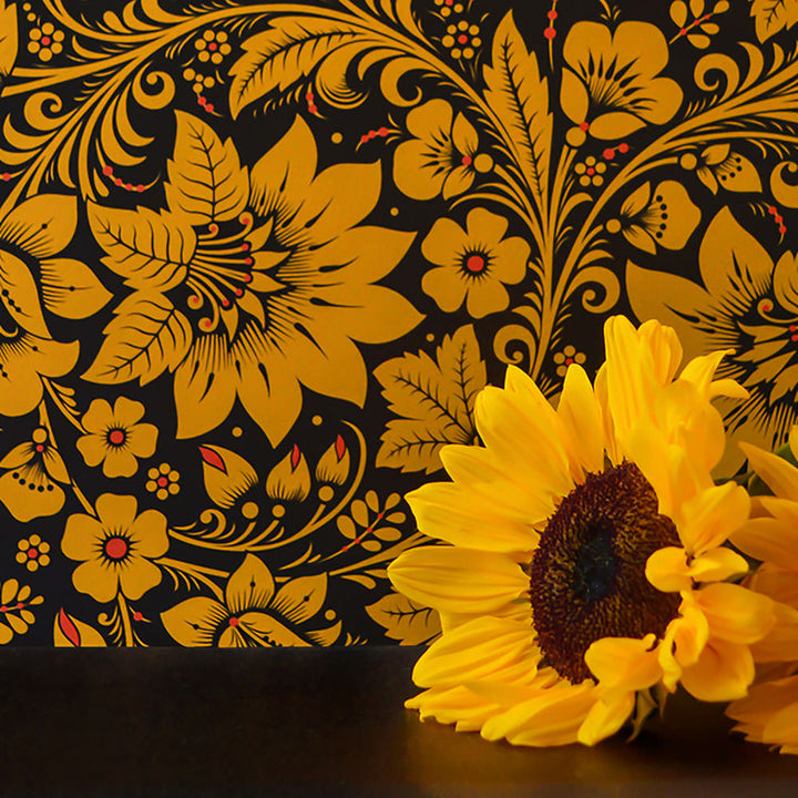 Olenka-Milana-wallpaper-floral-Graphite-gold-black-large-floral-pattern-trailing-flowers-vines-leaves-retro-russian-inspired-patterns