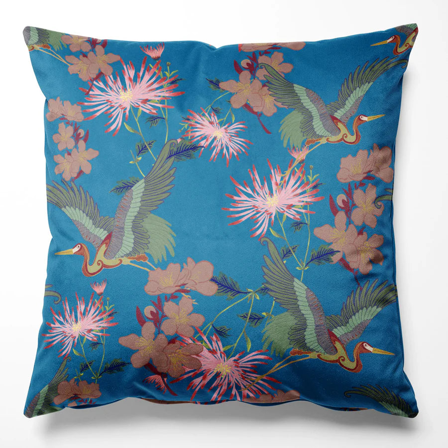 Tatie-Lou-Blossom-cushion-cotton-velvet-cushion-crane-print-floral-Japanese-pillow-45x45cm-art-deco-style-cornflower-Blue