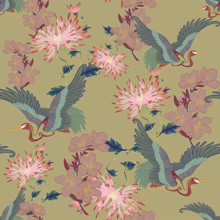 Tatie-Lou- blossom-wallpaper-floral-asian-hand-drawn-cranes-cherry-blossom-bold-feature-print-dandelion