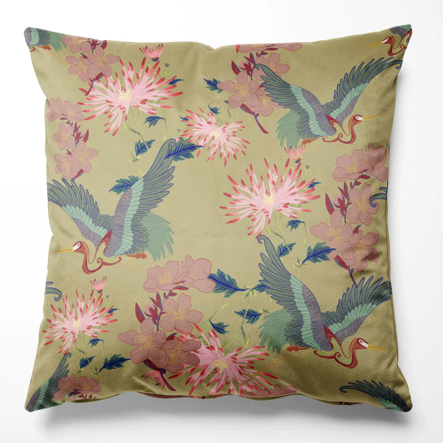 Tatie-Lou-Blossom-cushion-cotton-velvet-cushion-crane-print-floral-Japanese-pillow-45x45cm-art-deco-style-dandelion-yellow