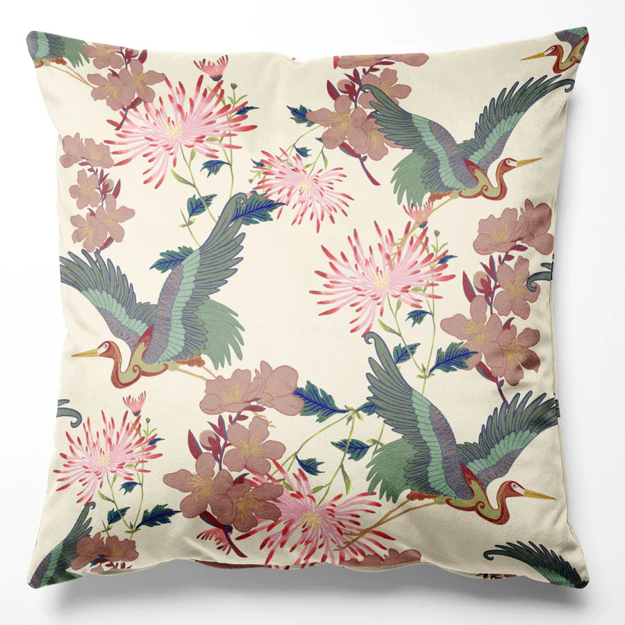 Tatie-Lou-Blossom-cushion-cotton-velvet-cushion-crane-print-floral-Japanese-pillow-45x45cm-art-deco-style-ice-cream-white-pink-green