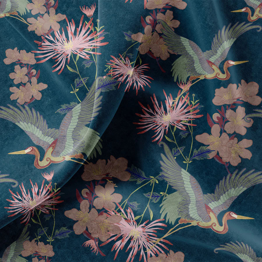 Tatie-Lou-Blossom-Velvet-textile-fabric-Japanese-flying-velvet-cut-length-cranes-blossom-midnight-