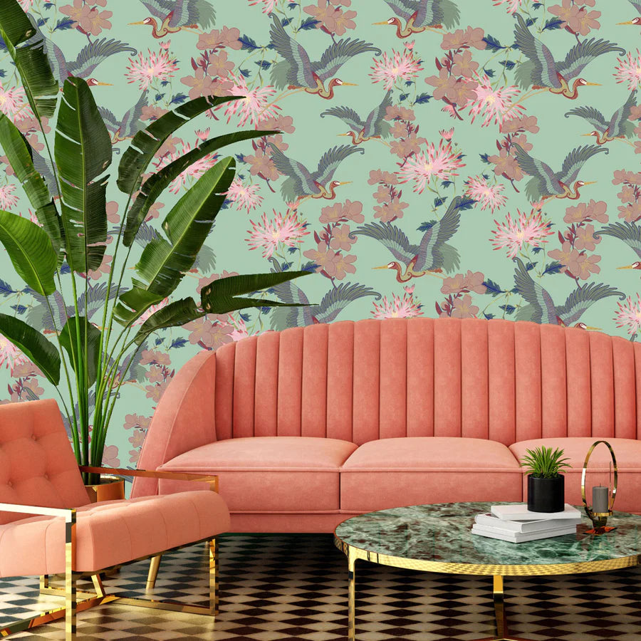 Tatie-Lou- blossom-wallpaper-floral-asian-hand-drawn-cranes-cherry-blossom-bold-feature-print-mint