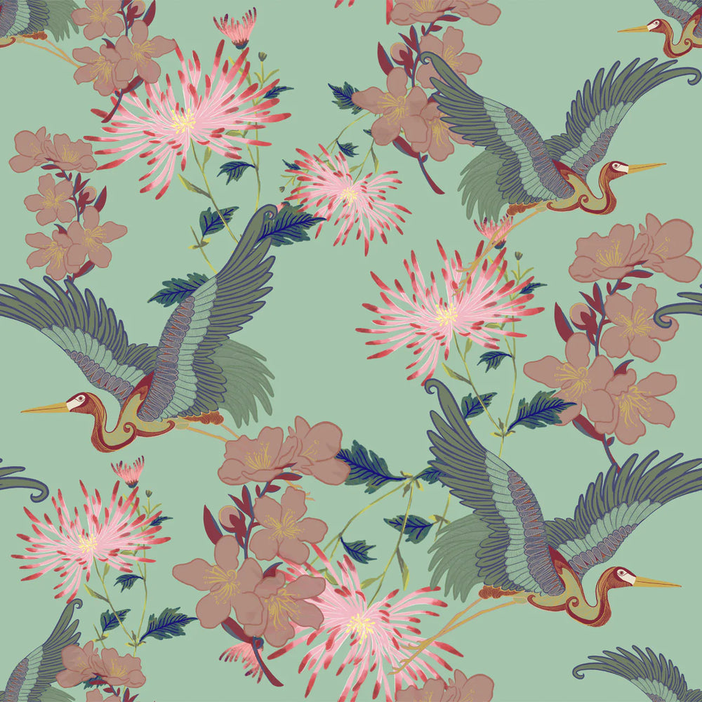 Tatie-Lou- blossom-wallpaper-floral-asian-hand-drawn-cranes-cherry-blossom-bold-feature-print-mint