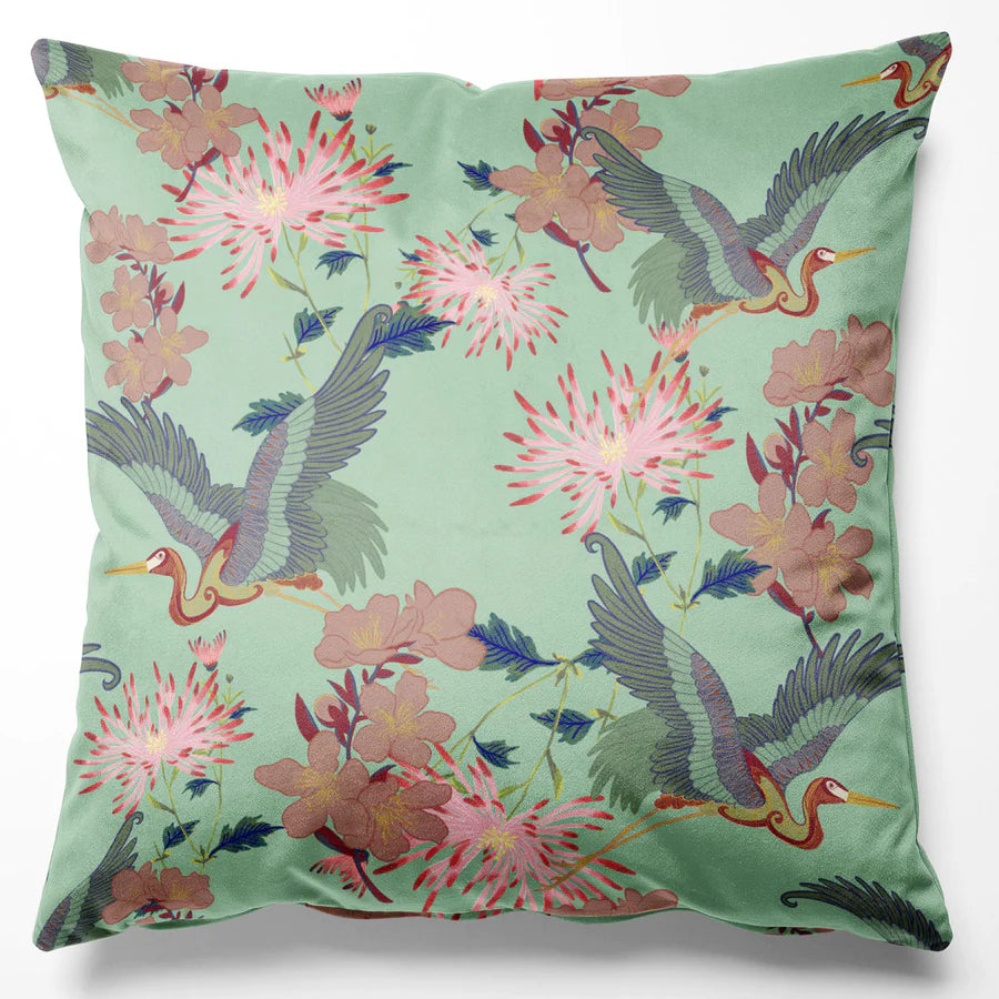 Tatie-Lou-Blossom-cushion-cotton-velvet-cushion-crane-print-floral-Japanese-pillow-45x45cm-art-deco-style-mint-green