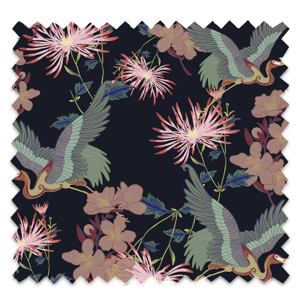 Tatie-Lou-Blssom-lampshade-noir-black-velvet-pink-tassel-fringed-trim-printed-velvet-floral-table-lamo-shade-parachute-shape-art-deco-revival-heron-bird-pattern
