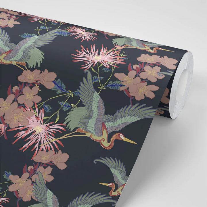 Tatie-Lou- blossom-wallpaper-floral-asian-hand-drawn-cranes-cherry-blossom-bold-feature-print-noir