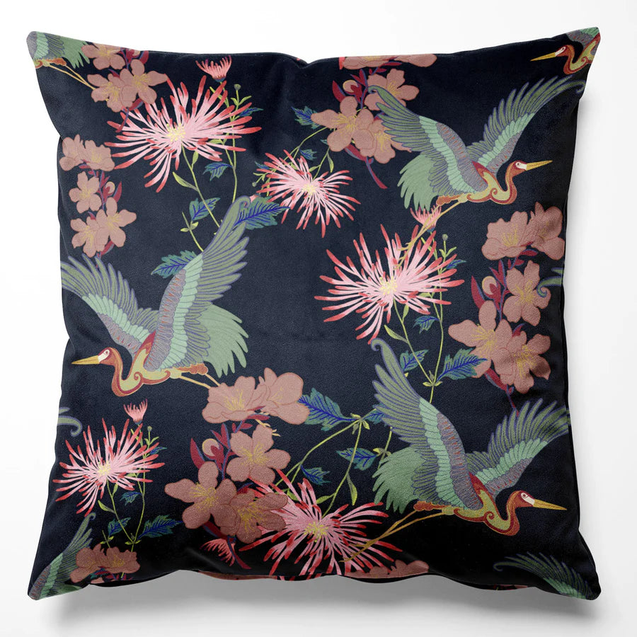 Tatie-Lou-Blossom-Velvet-cushion-black-cotton-velvet-cranes-flowers-asian-Japanese-style-cushion-decorative-pillow
