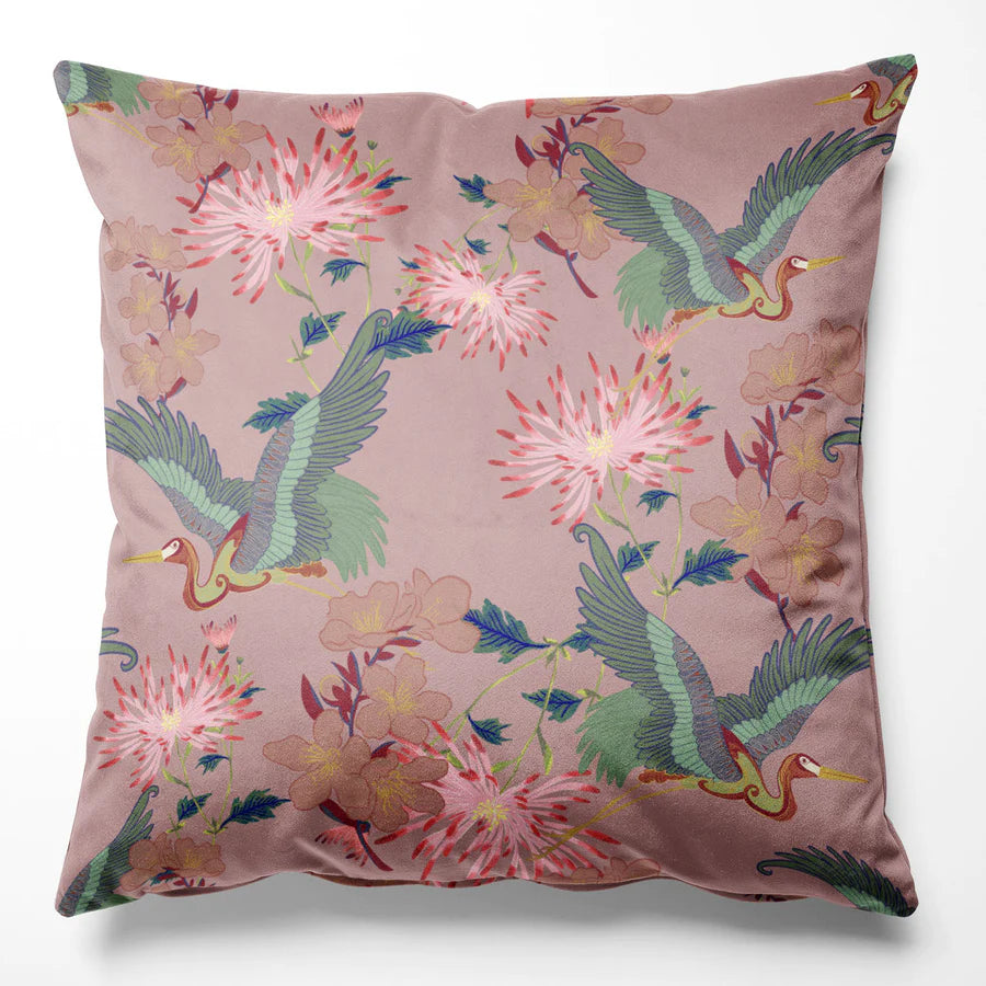 Tatie-Lou-Blossom-cushion-cotton-velvet-cushion-crane-print-floral-Japanese-pillow-45x45cm-art-deco-style-rose-soft-pink