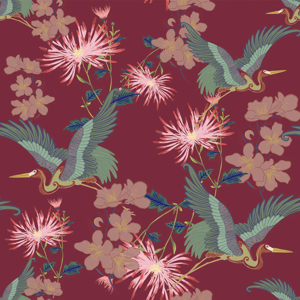 tatie-lou-wallpaper-blossom-crane-floral-largescale-flying-bird-feature-wallpaper-rouge