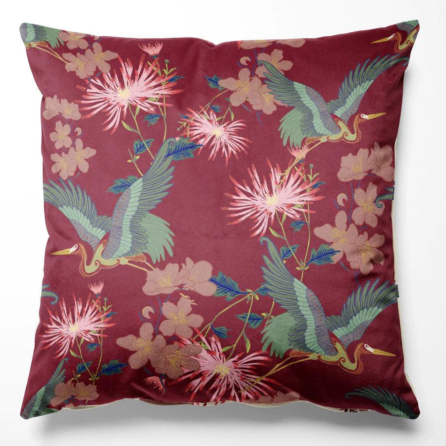 Tatie-Lou-Blossom-cushion-cotton-velvet-cushion-crane-print-floral-Japanese-pillow-45x45cm-art-deco-style-Rouge-red