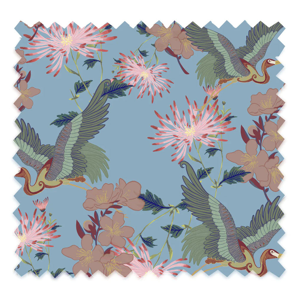 Tatie-Lou-paracute-shaped-fringed-lampshade-five-sizes-Blossom-pattern-floral-print-flwers-herons-velvet-fabric-Sky -blue-birds-fringe-tassel