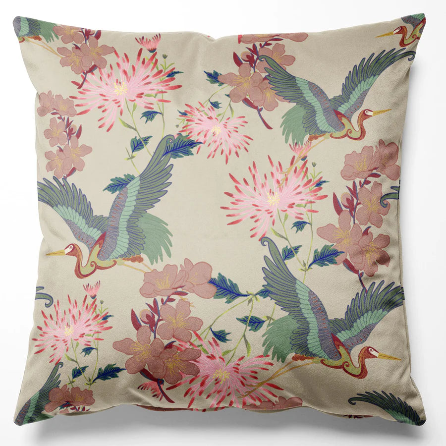 Tatie-Lou-Blossom-cushion-cotton-velvet-cushion-crane-print-floral-Japanese-pillow-45x45cm-art-deco-style-vanilla-flowers-beige