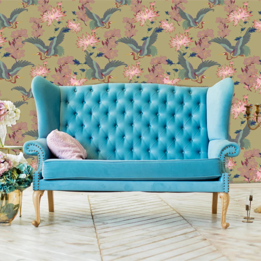 Tatie-Lou- blossom-wallpaper-floral-asian-hand-drawn-cranes-cherry-blossom-bold-feature-print-dandelion