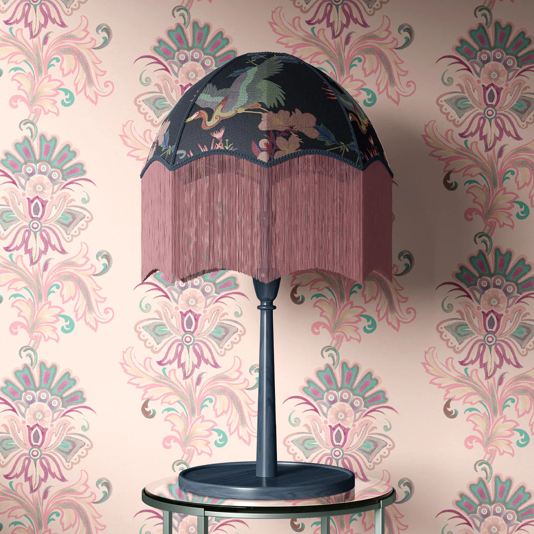 Tatie-Lou-Blssom-lampshade-noir-black-velvet-pink-tassel-fringed-trim-printed-velvet-floral-table-lamo-shade-parachute-shape-art-deco-revival-heron-bird-pattern