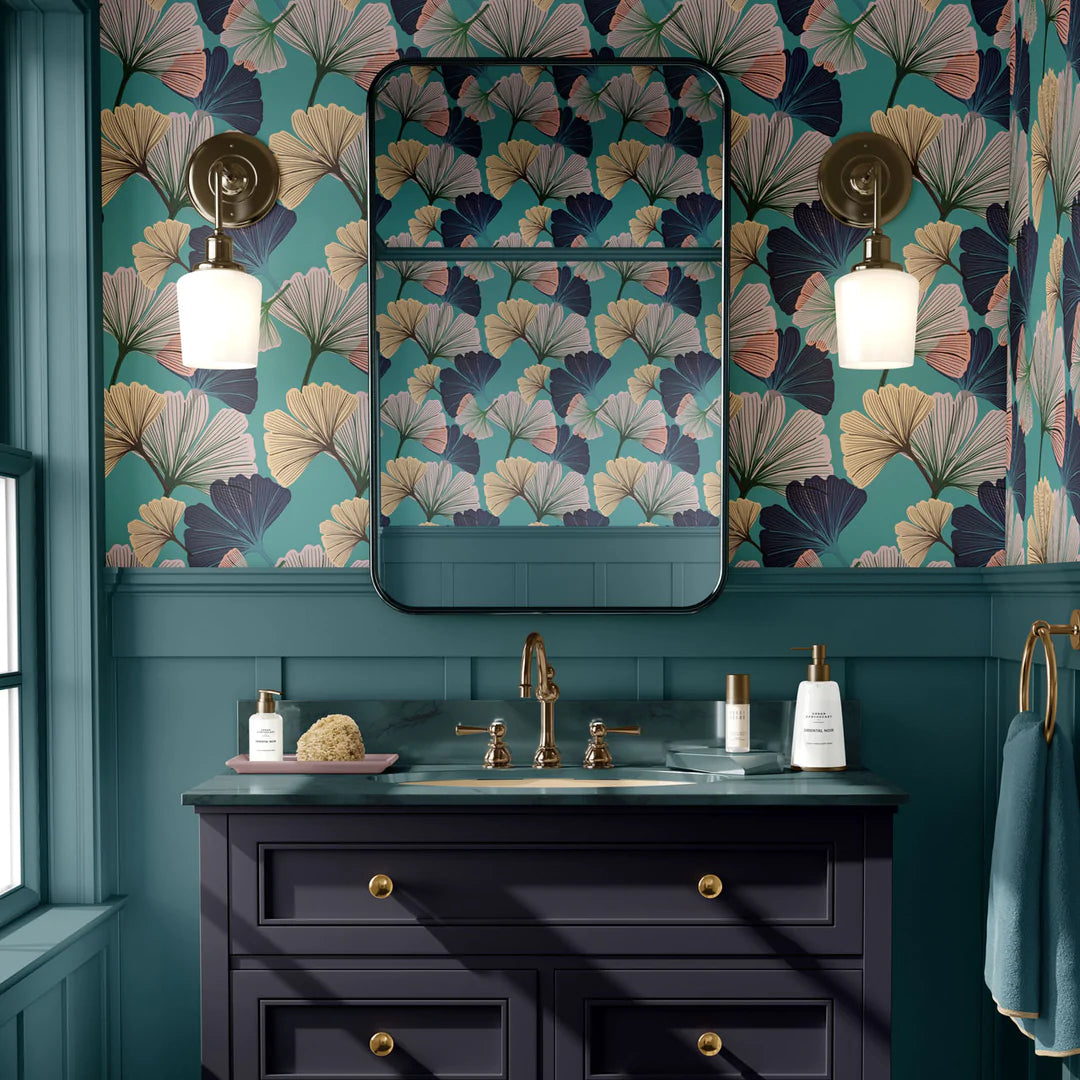 Tatie-lou-ginko wallpaper-hand-drawn-leaf-digital-colourful-printed-repeat-UK-british-designer-wallpaper-blue
