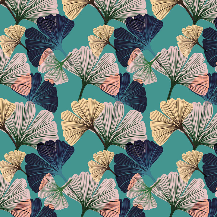 Tatie-lou-ginko wallpaper-hand-drawn-leaf-digital-colourful-printed-repeat-UK-british-designer-wallpaper-blue