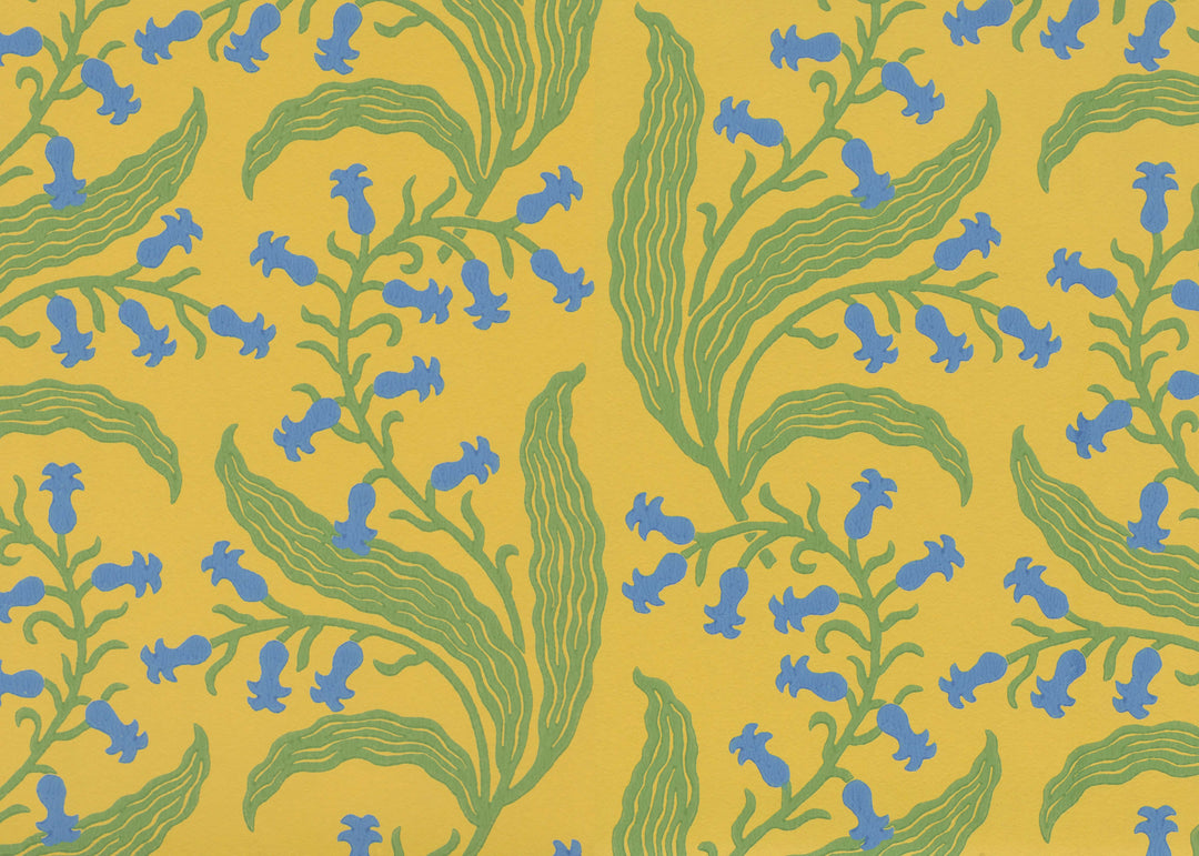 Ellen-merchant-bluebells-Butter-wallpaper-yellow-base-colour-paper-blue-green-flowers-block-printed-british-designerEllen-merchant-bluebells-Butter-wallpaper-yellow-base-colour-paper-blue-green-flowers-block-printed-british-designer