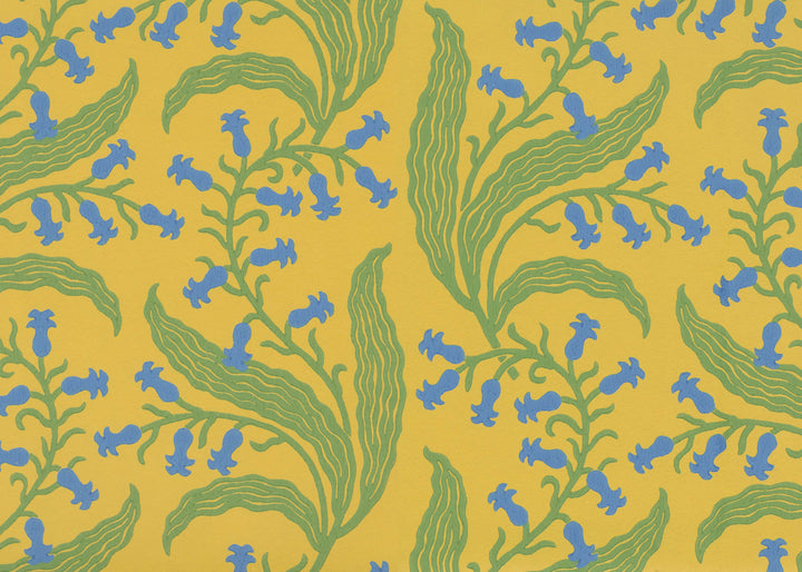 Ellen-merchant-bluebells-Butter-wallpaper-yellow-base-colour-paper-blue-green-flowers-block-printed-british-designer