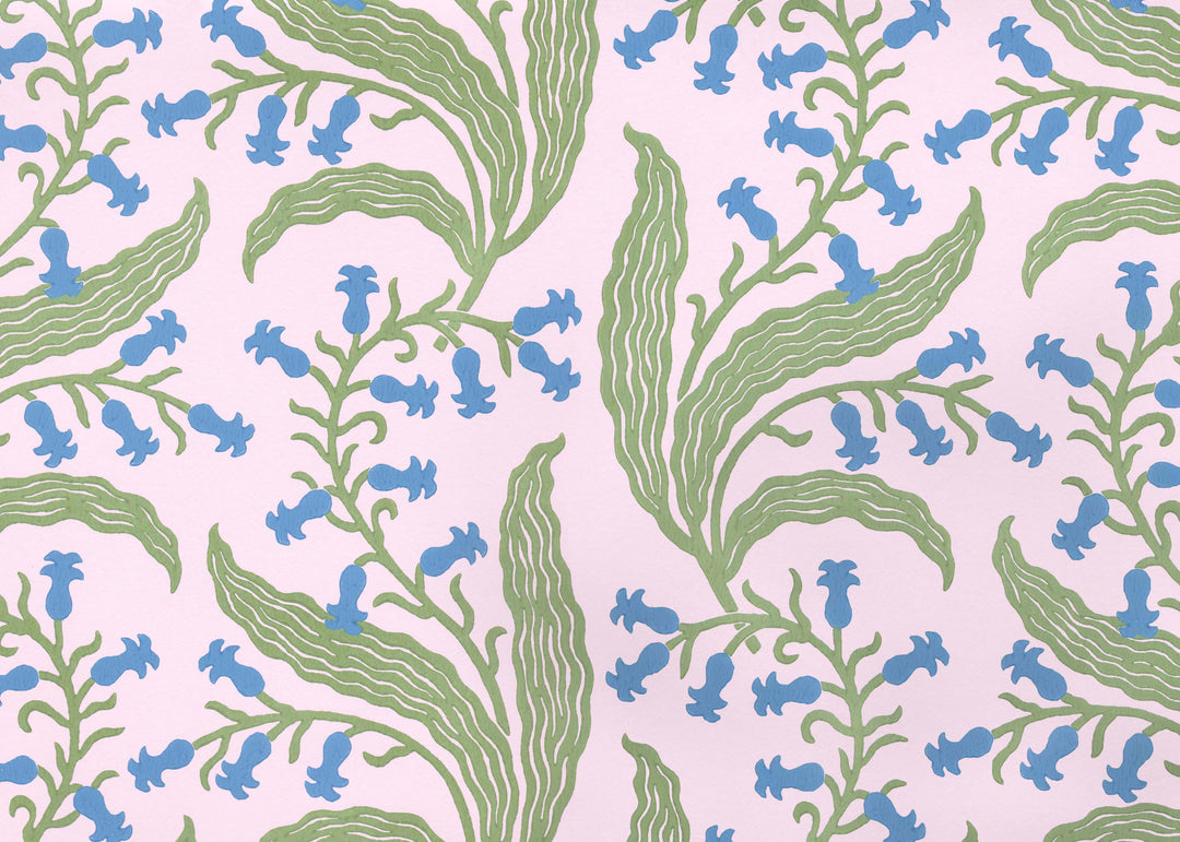 Ellen-merchant-bluebells-wallpaper-macaron-pink-paper-blue-green-flowers-block-printed-british-designer