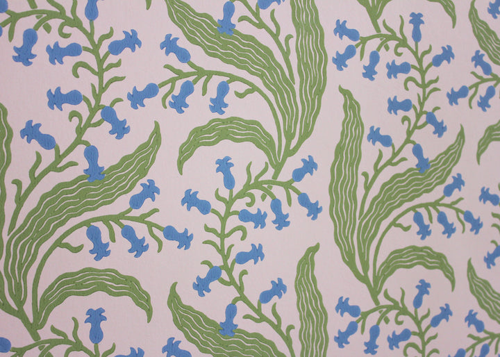 Ellen-merchant-bluebells-wallpaper-macaron-pink-paper-blue-green-flowers-block-printed-british-designer
