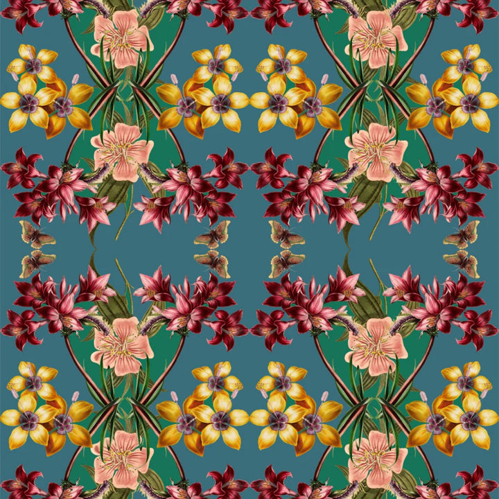 tatie-lou-wallpaper-Hampi-teal-blue-yellow-ruby-emerald--colourway-large-scale-kaleiscopic-repaet-floral-orchid-lilys-bloom-square-tile-repeat-pattern-exotic