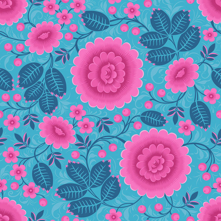 Olenka-wallpaper-velina-tropical-teal-floral-peony-leaf-blue-bright-pink-flower-print-