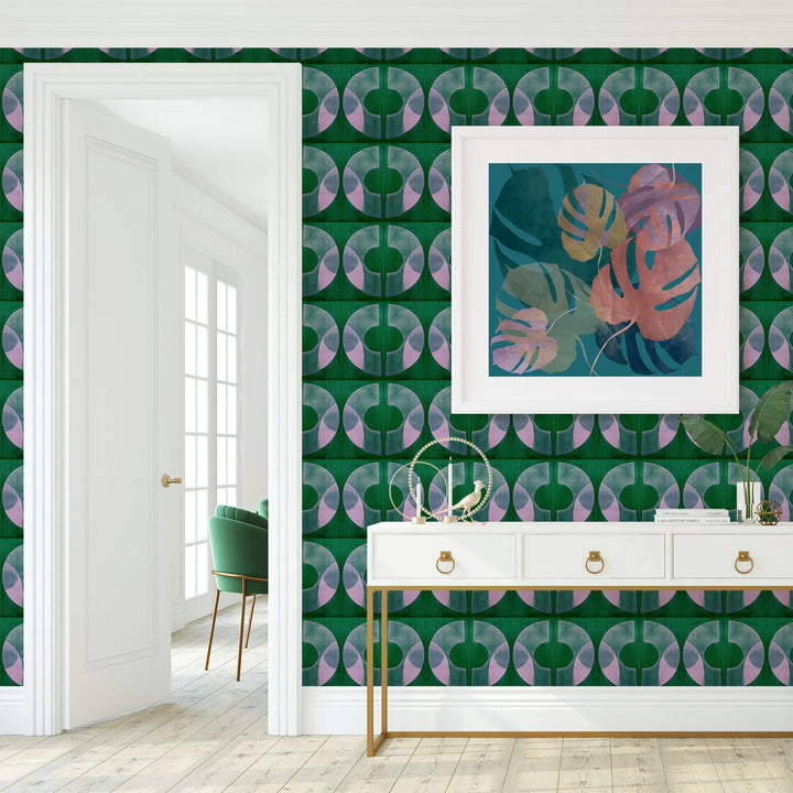 Tatie-lou-wallpaper-boucle-circles-print-retro-vintage-block-printed-uk-designer-Emerald-green