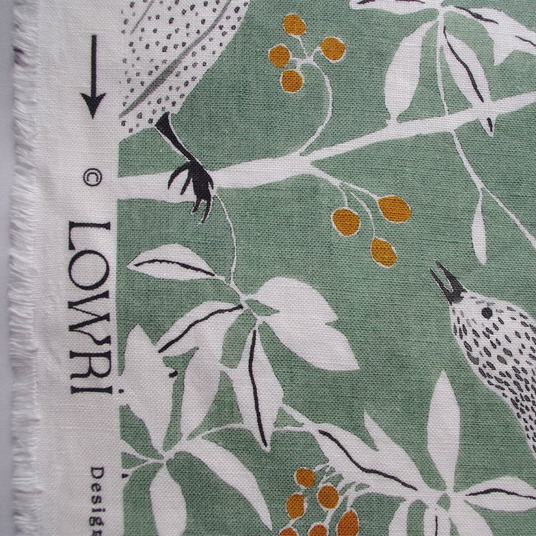 Lowri-textiles-Bower-Birds-Linen-sage-green-printed-textile-fabric-linen-organic-bird-twig-leaves-pattern-British-sage-white-black-orange-berries-pattern-illustration-Jo-Faulkner